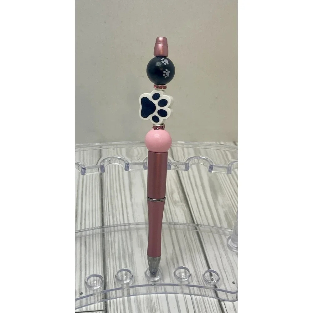 Pink And Black Paw Print Beaded Pen Black Ink